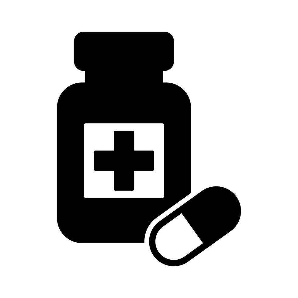 medicina bottiglia e pillole icona. nero e bianca icona. vettore illustrazione.