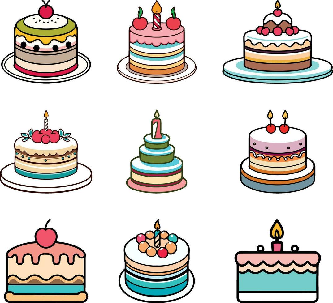 impostato di cartone animato stile compleanno torta illustrazione, piatto davanti design crostata icone collezione vettore