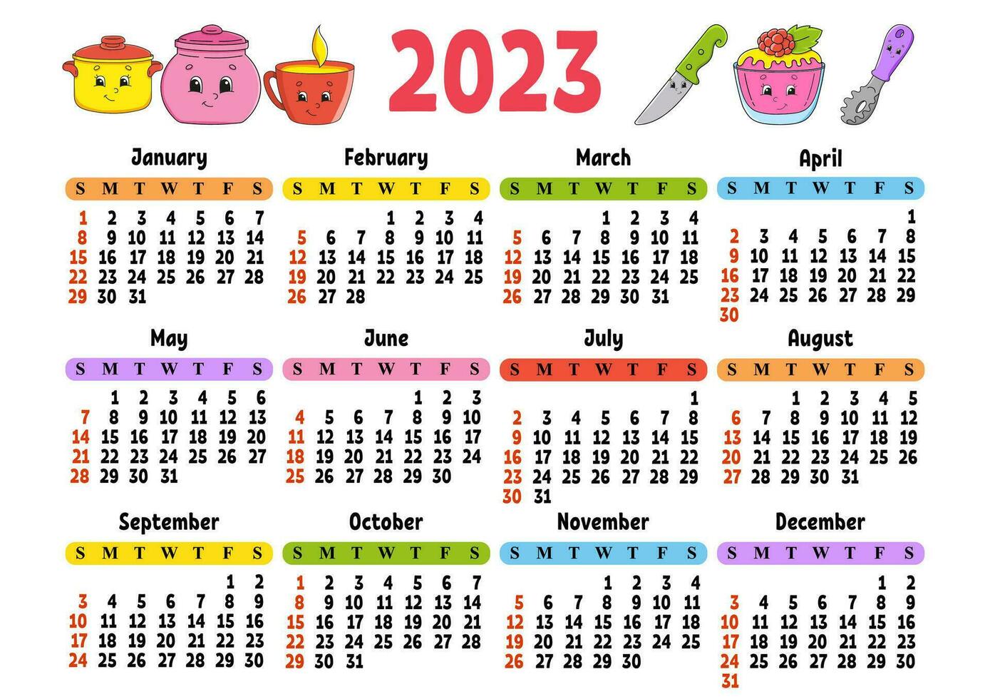 calendario per il 2023 con un simpatico personaggio. design divertente e luminoso. illustrazione vettoriale a colori isolata. stile cartone animato.