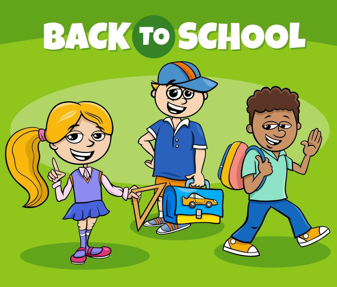 cartone animato bambini personaggi con indietro per scuola didascalia vettore