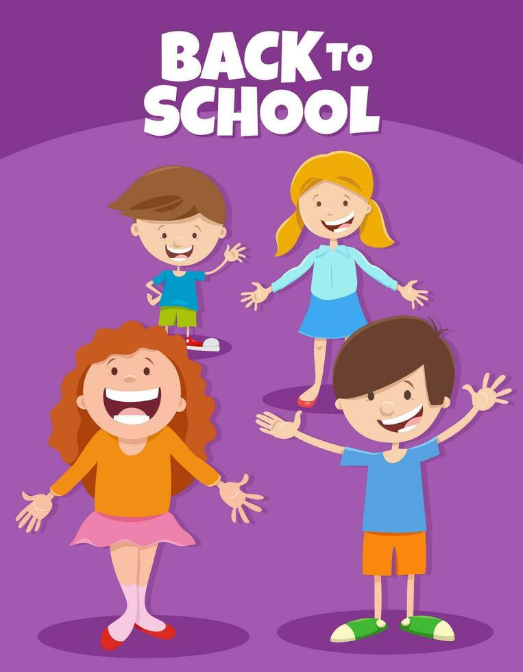 cartone animato contento bambini con indietro per scuola didascalia vettore
