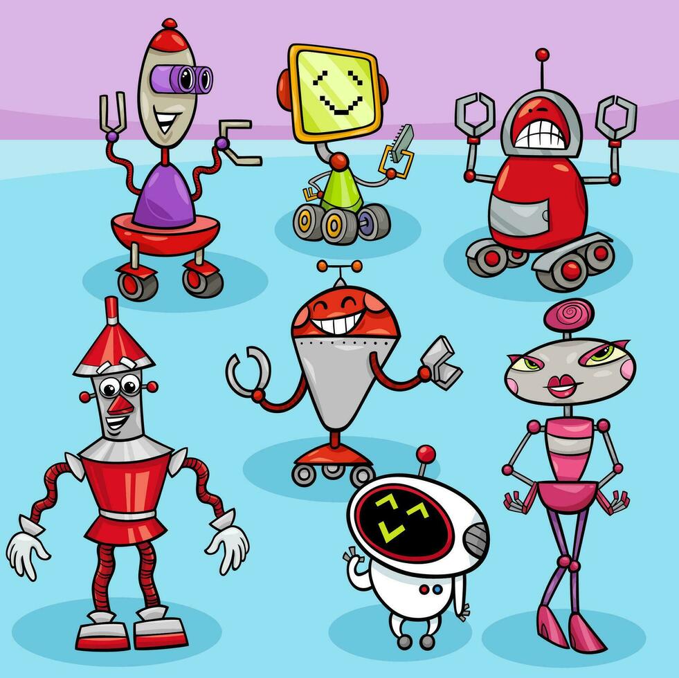 gruppo di personaggi di robot e droidi divertenti cartoni animati vettore