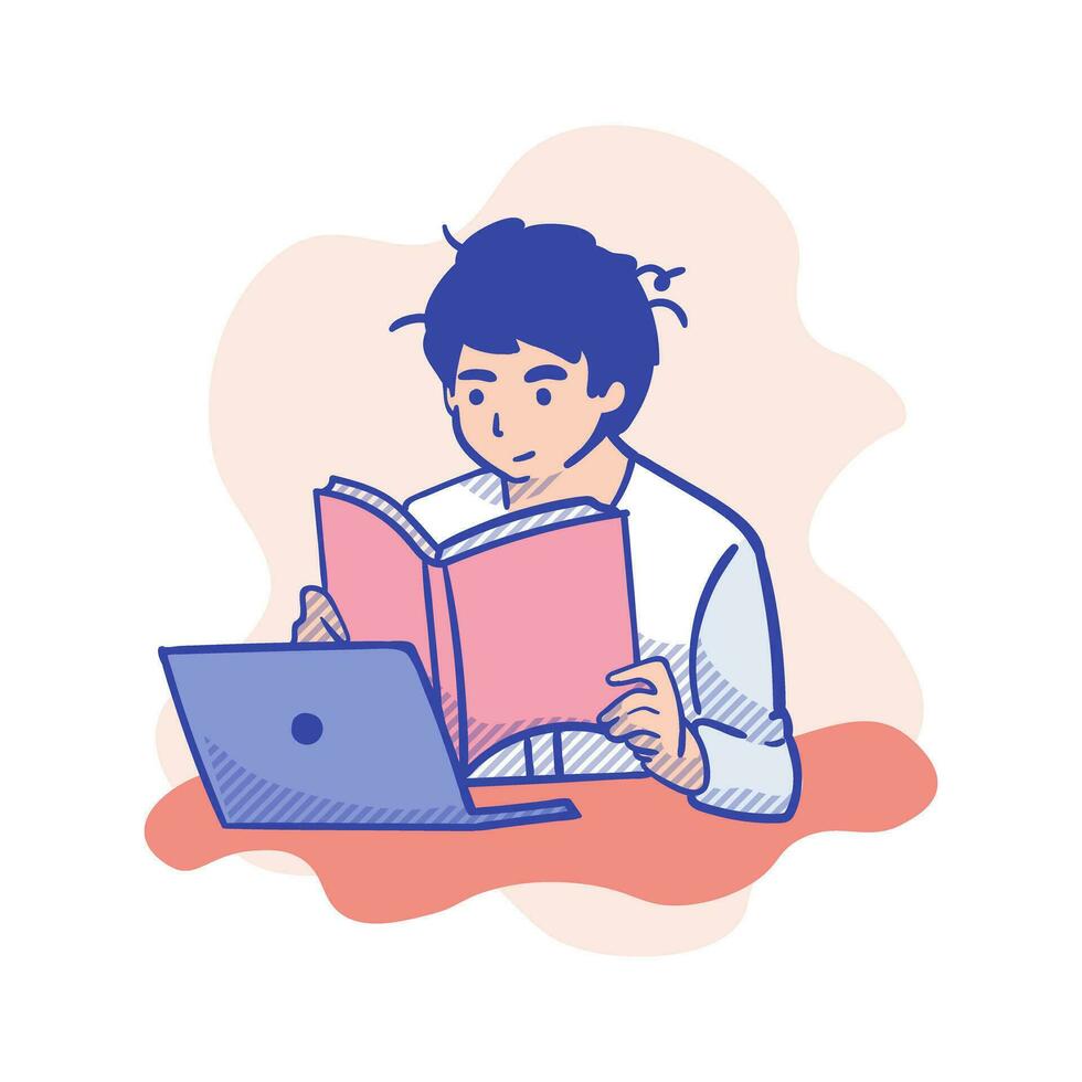 giovane uomo con il computer portatile e libro. vettore illustrazione nel piatto stile.