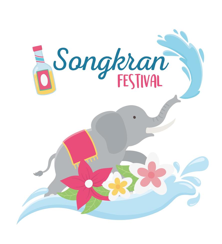 Songkran festival elefante acqua fiori e bottiglia da bere vettore