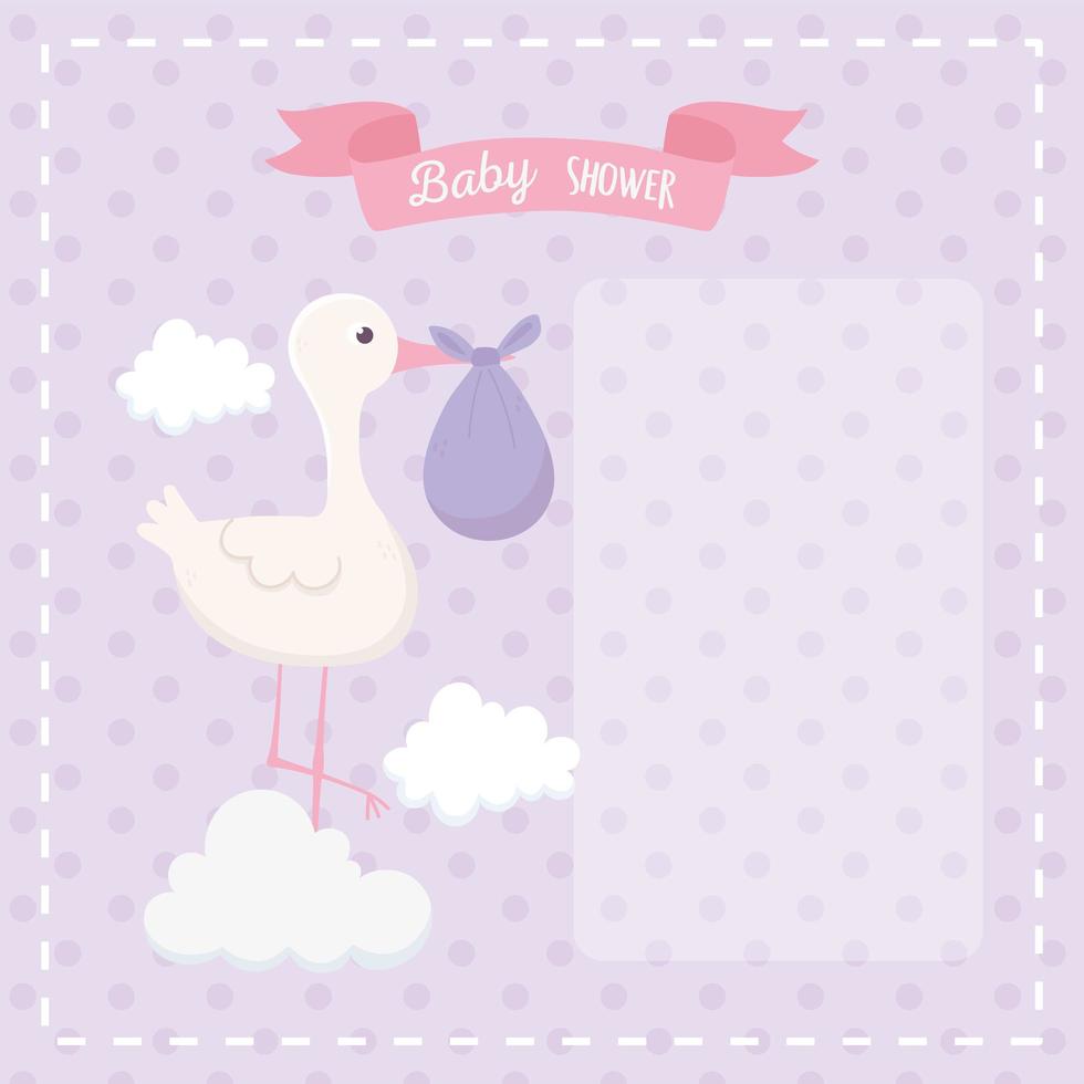 baby shower, cicogna con pannolino su nuvole sfondo punteggiato decorazione vettore