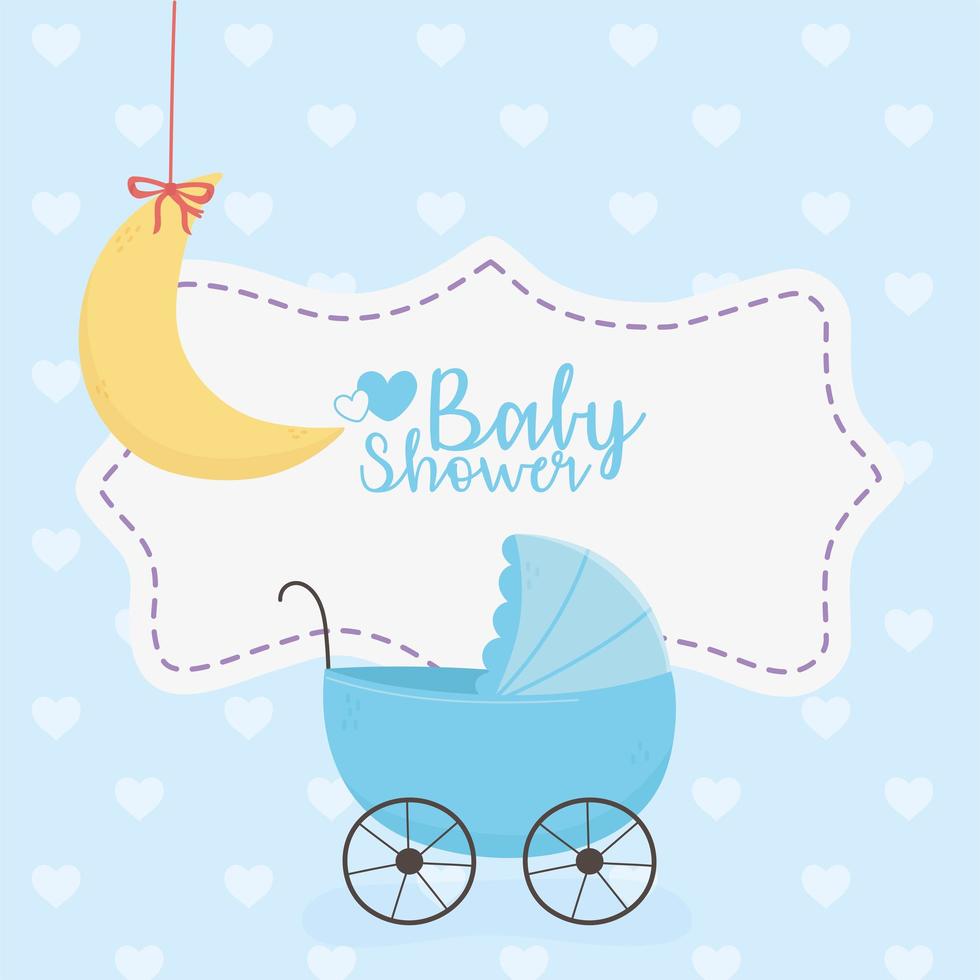 baby shower, carrozzina blu e decorazione appesa alla luna vettore