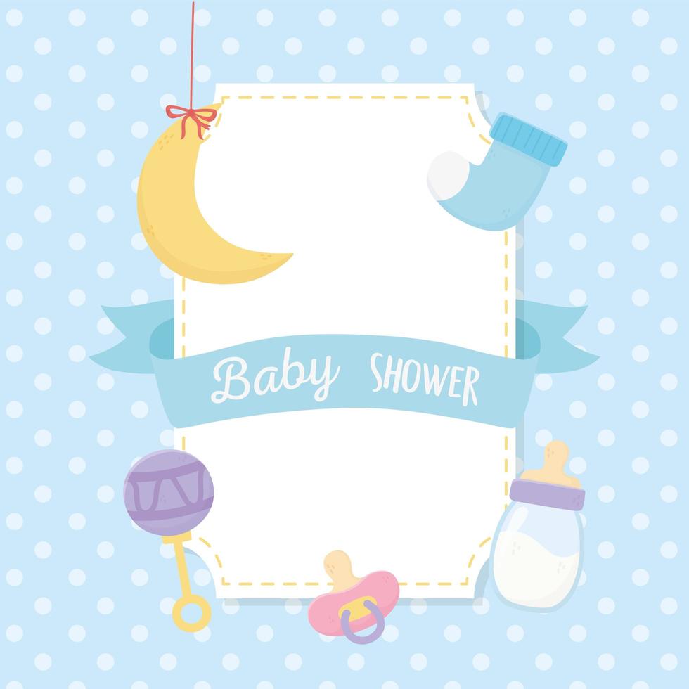 baby shower, biberon sonaglio calzino luna e ciuccio decorazione blu vettore