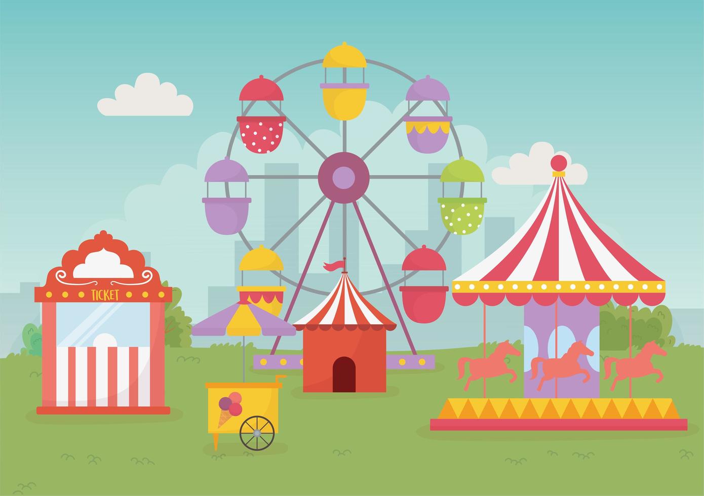 Fiera del divertimento carnevale tenda giostra palloncini ruota panoramica intrattenimento ricreativo vettore