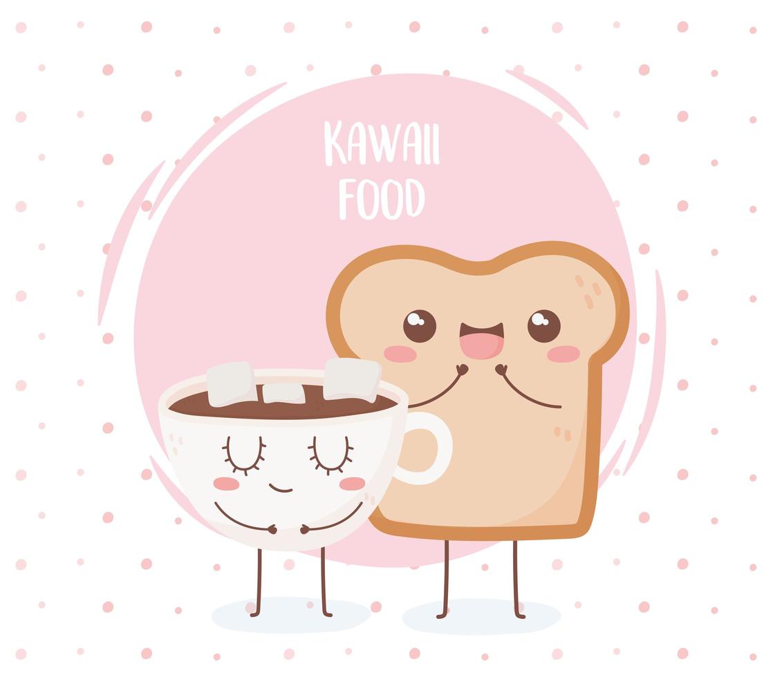 tazza di pane e cioccolato con marshmallow kawaii food personaggio dei cartoni animati design vettore