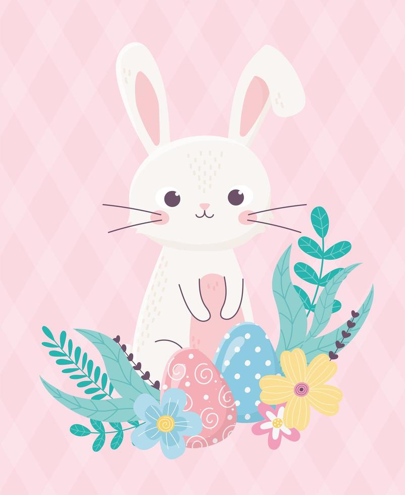 buona pasqua simpatico coniglio e uovo fiori fogliame cartone animato vettore