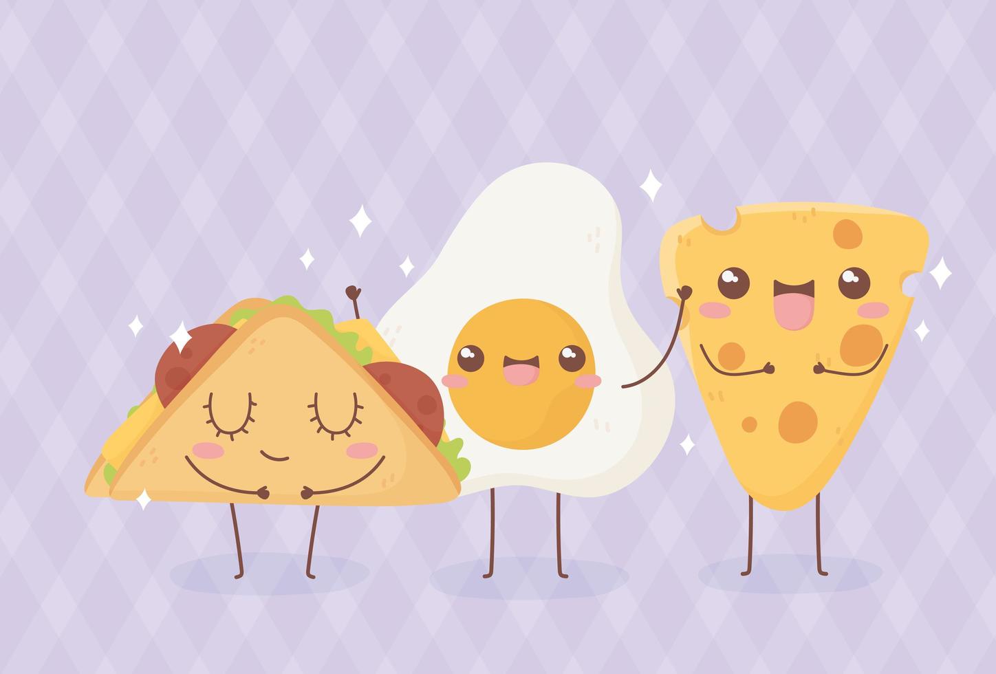 uovo fritto formaggio e taco kawaii cibo personaggio dei cartoni animati design vettore