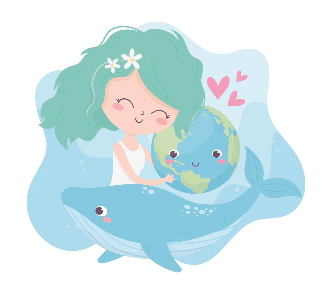 ragazza carina che abbraccia mondo balena amore cuori ambiente ecologia vettore