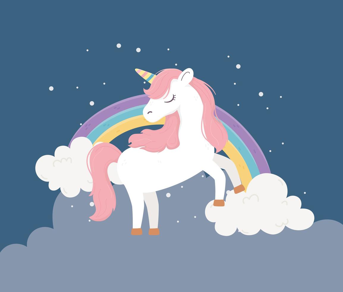 unicorno arcobaleno nuvole scure fantasia sogno magico simpatico cartone animato vettore