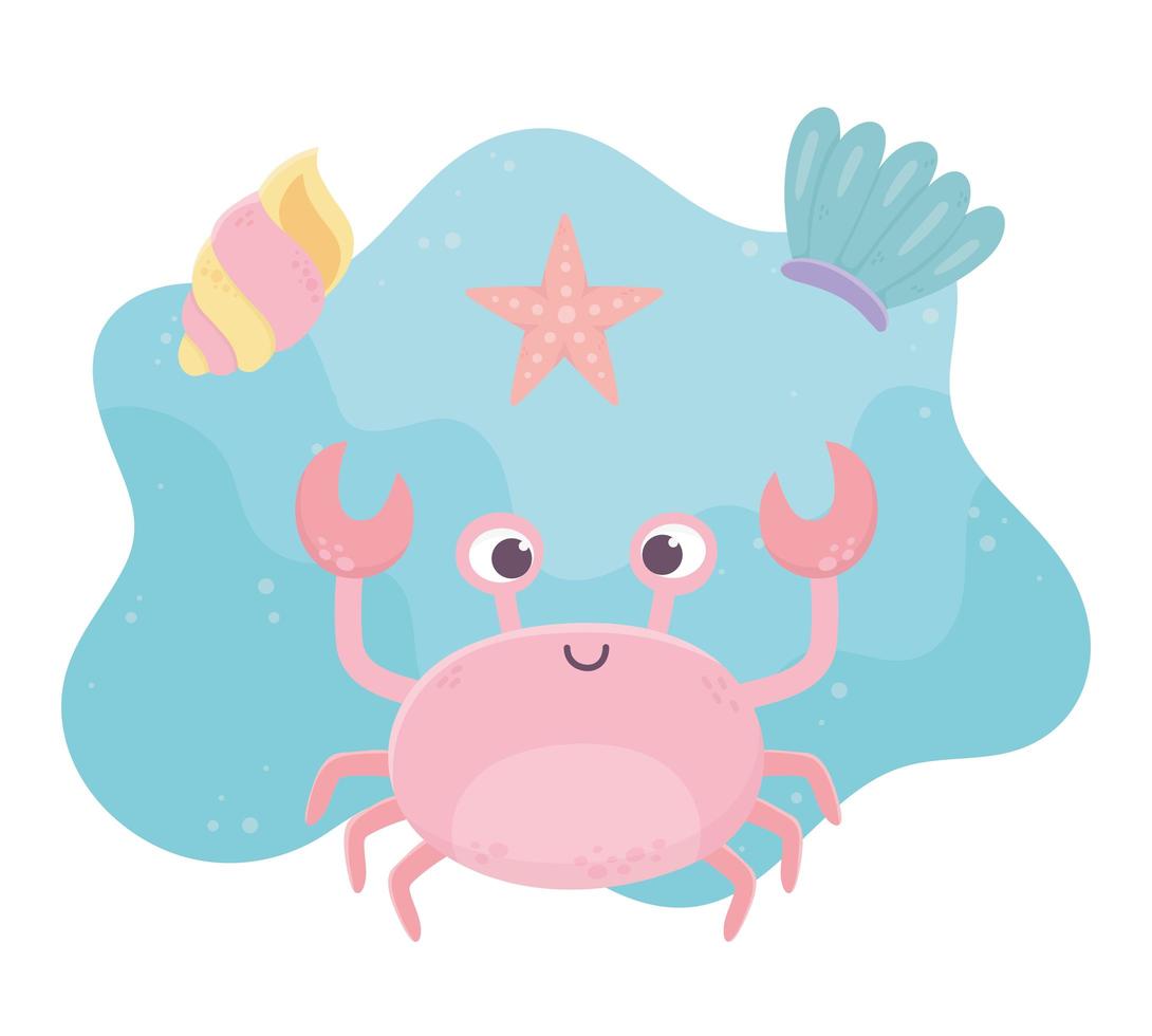 granchio stella marina e conchiglia cartone animato vita sotto il mare vettore