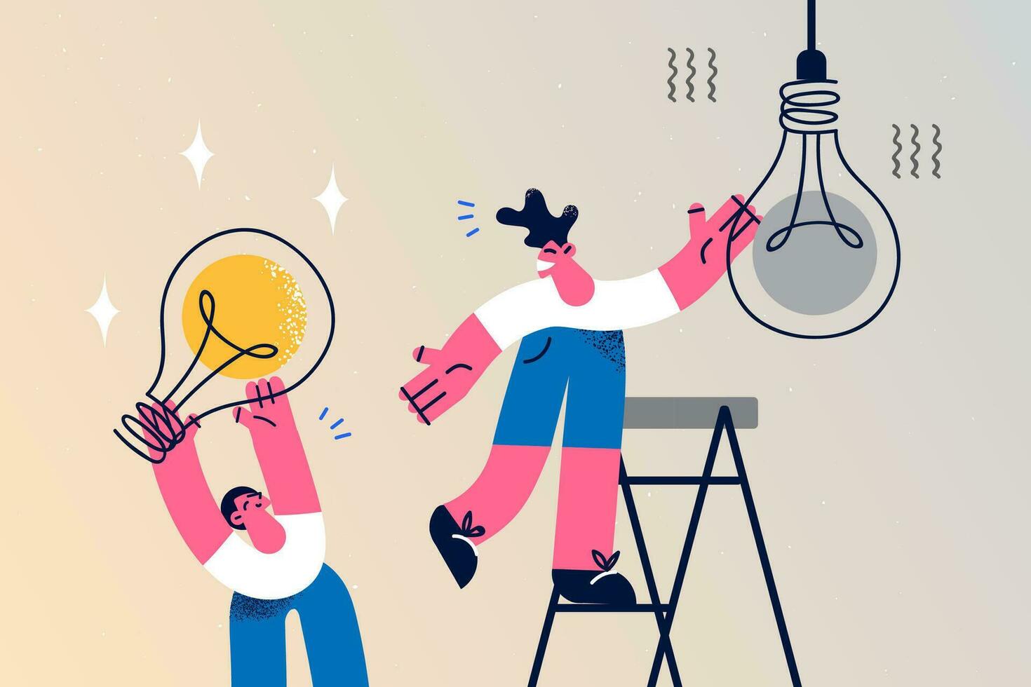 lavoratore Aiuto collega modificare lampadina. concetto di lavoro di squadra e cooperazione. dipendenti o collaboratori opera insieme creare creativo innovativo attività commerciale idea. vettore illustrazione.