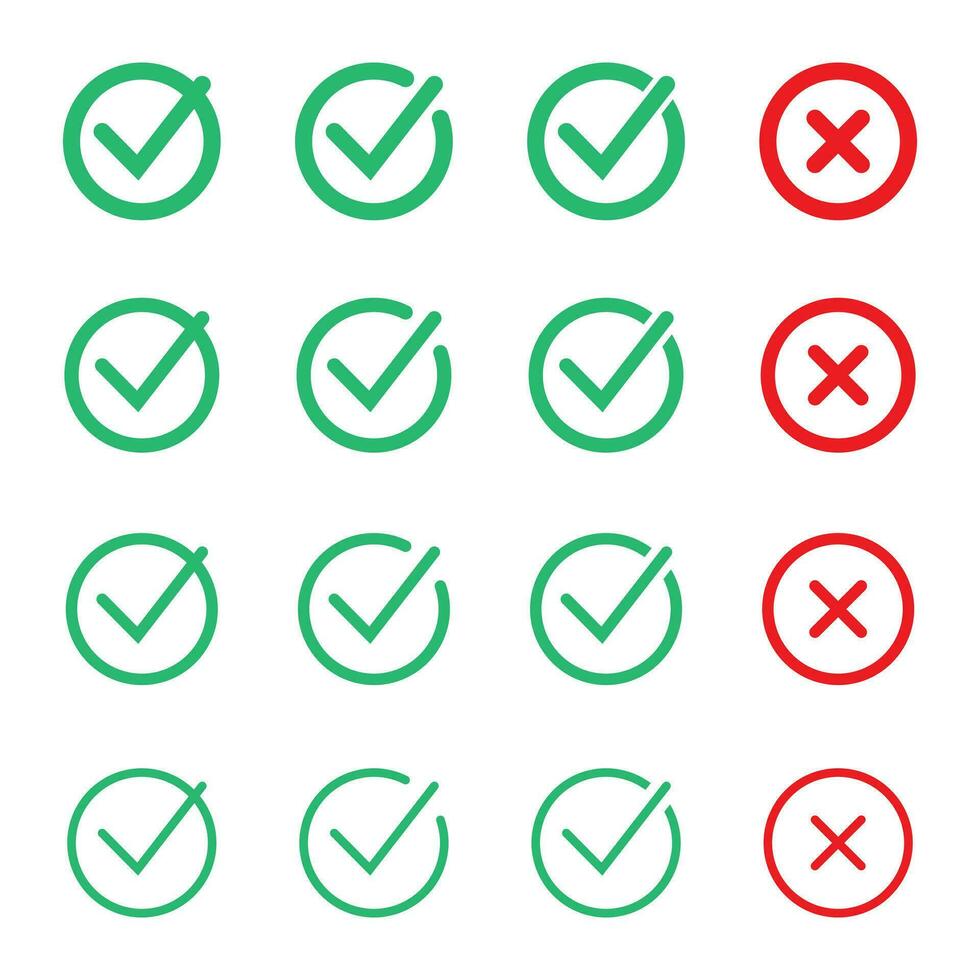 zecca e attraversare segni. verde segno di spunta e rosso X icone, isolato su bianca sfondo. vettore