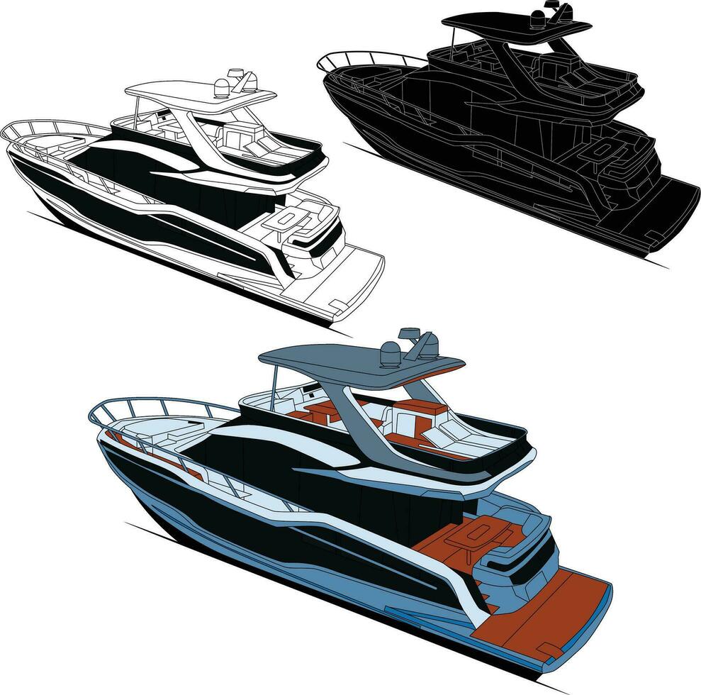 yacht viaggio vettore linea arte illustrazione con colore.
