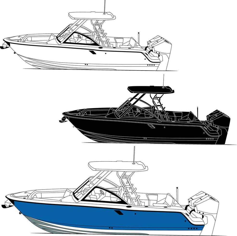 barca vettore, linea arte e colore Immagine di lato Visualizza pesca barca su un' bianca sfondo. vettore