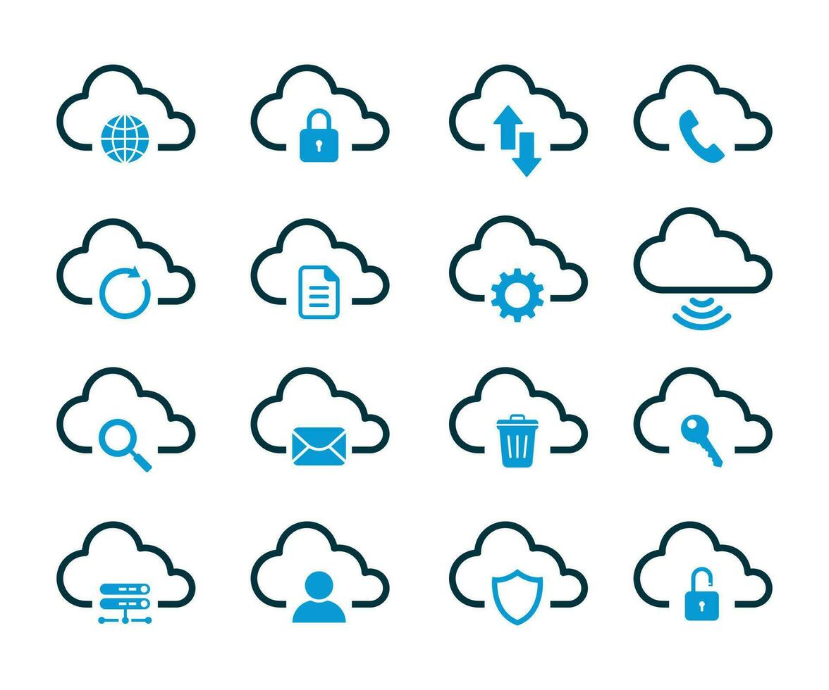 nube calcolo icona impostare. contiene come icone come dati sincronizzazione, trasferimento, nube impostazioni, e di più. vettore