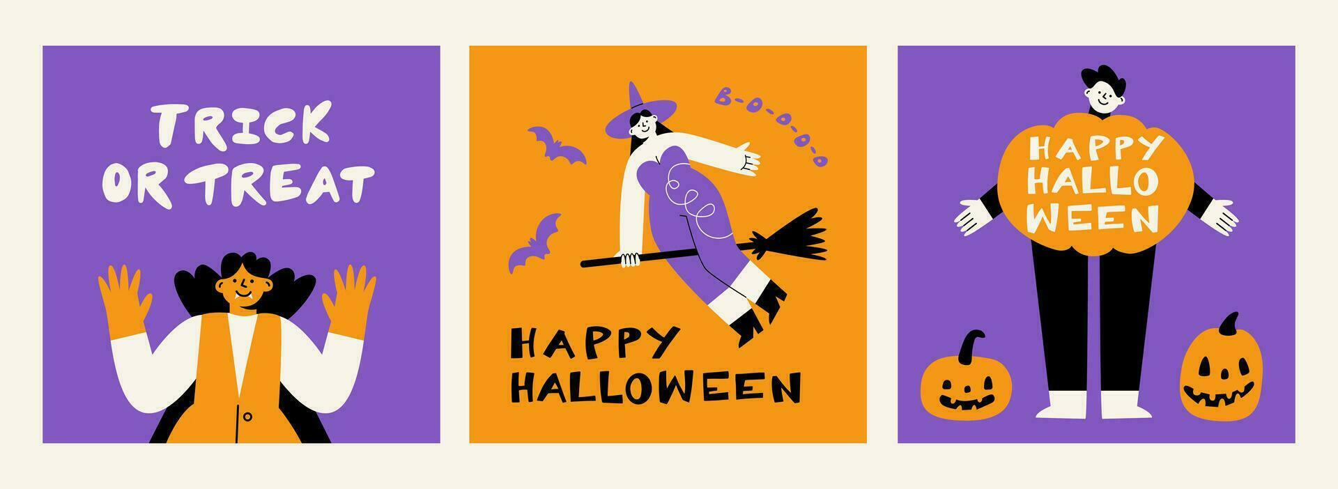 un' impostato di cartoline per Halloween. divertente persone nel abiti. il iscrizione trucco o trattare. zucca, strega e vampiro vettore