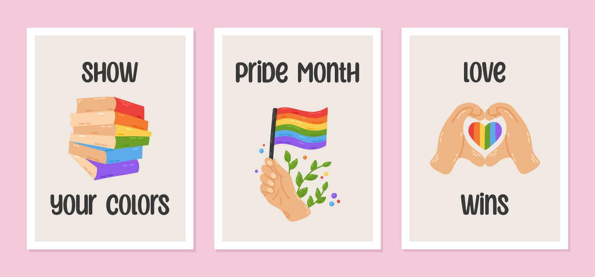 lgbt orgoglio mese cartoline, copertina modelli con arcobaleno forme. mano disegnato piatto cartone animato elementi. vettore illustrazione