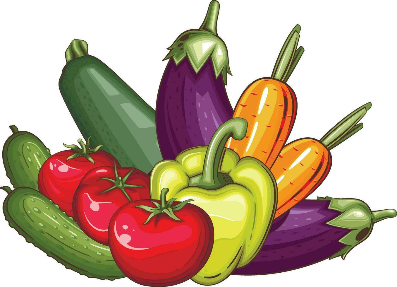 fresco verdure illustrazione, verdure mescolare di melanzana, pomodoro, zucchine, carota e cetriolo vettore
