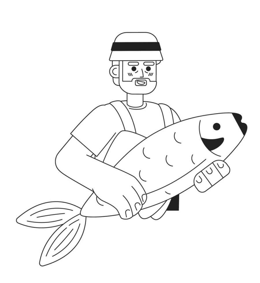 vecchio pescatore Tenere grande pesce piatto linea nero bianca vettore carattere. modificabile magro linea metà corpo contento uomo su bianca. semplice bw cartone animato individuare Immagine per ragnatela grafico design