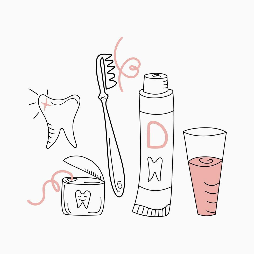 denti pulizia e cura impostare. dente, spazzolino, dentifricio nel scarabocchio stile. contorno disegni. cura e igiene. odontoiatria. vettore grafica, bianca isolato sfondo.