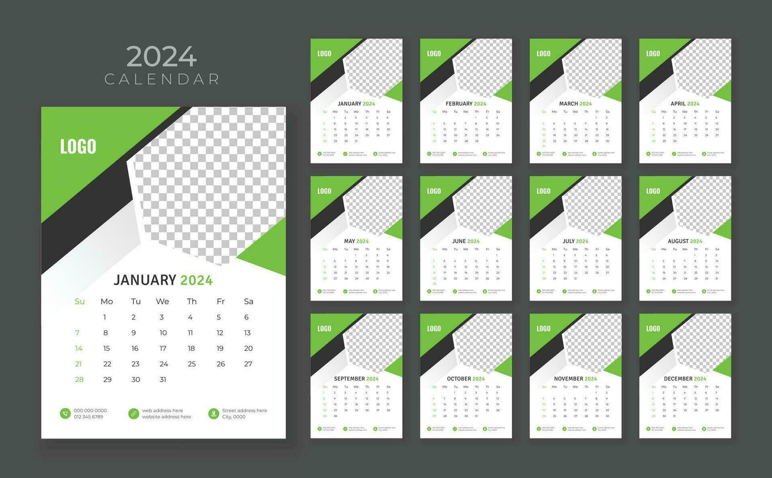 parete calendario 2024, azienda calendario modello, settimana inizio domenica, 12 pagina parete calendario 2024, parete calendario nel un' minimalista stile vettore