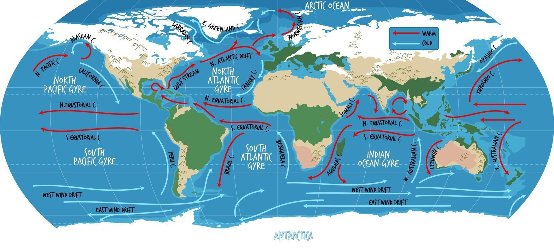 la mappa del mondo attuale dell'oceano con i nomi vettore