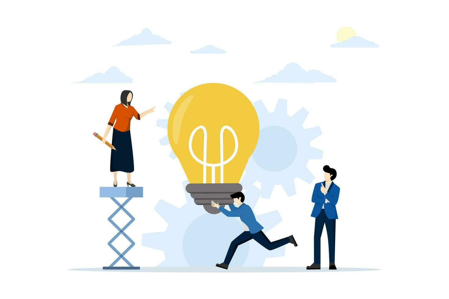 idea concetto nel attività commerciale. uomo d'affari con leggero lampadina. lavoro di squadra ha un' nuovo creativo idea concetto o guardare per un' modo per risolvere un' problema. scambio opinioni. piatto vettore illustrazione su bianca sfondo