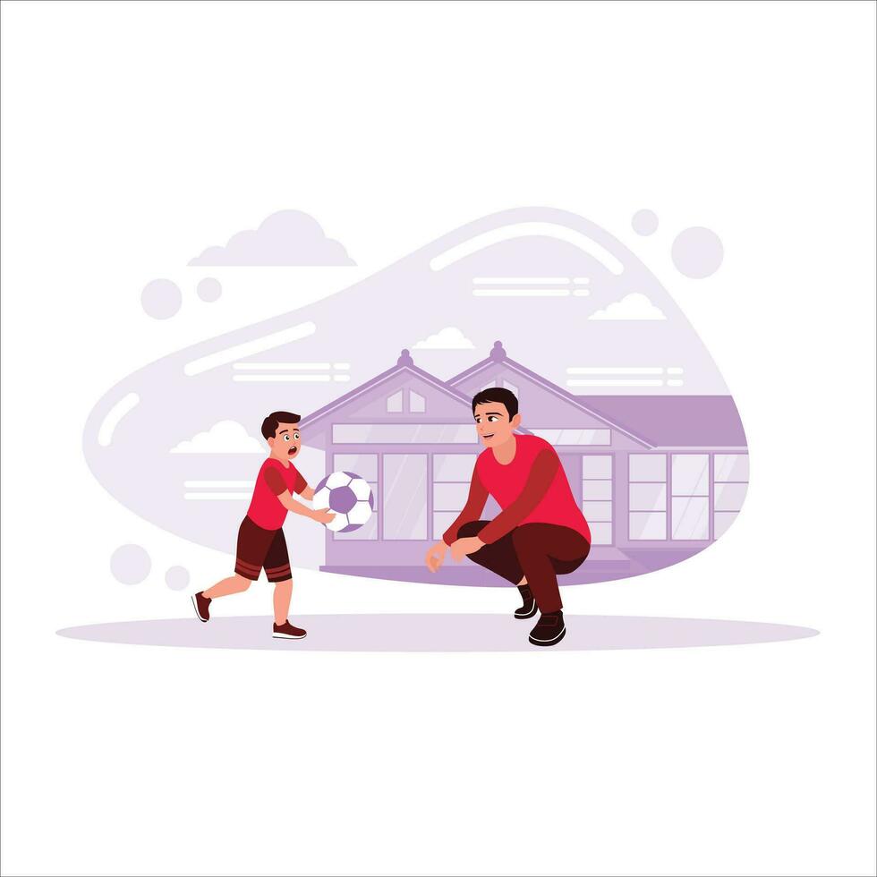 padre e il suo poco figlio siamo giocando calcio insieme nel il cortile. tendenza moderno vettore piatto illustrazione.