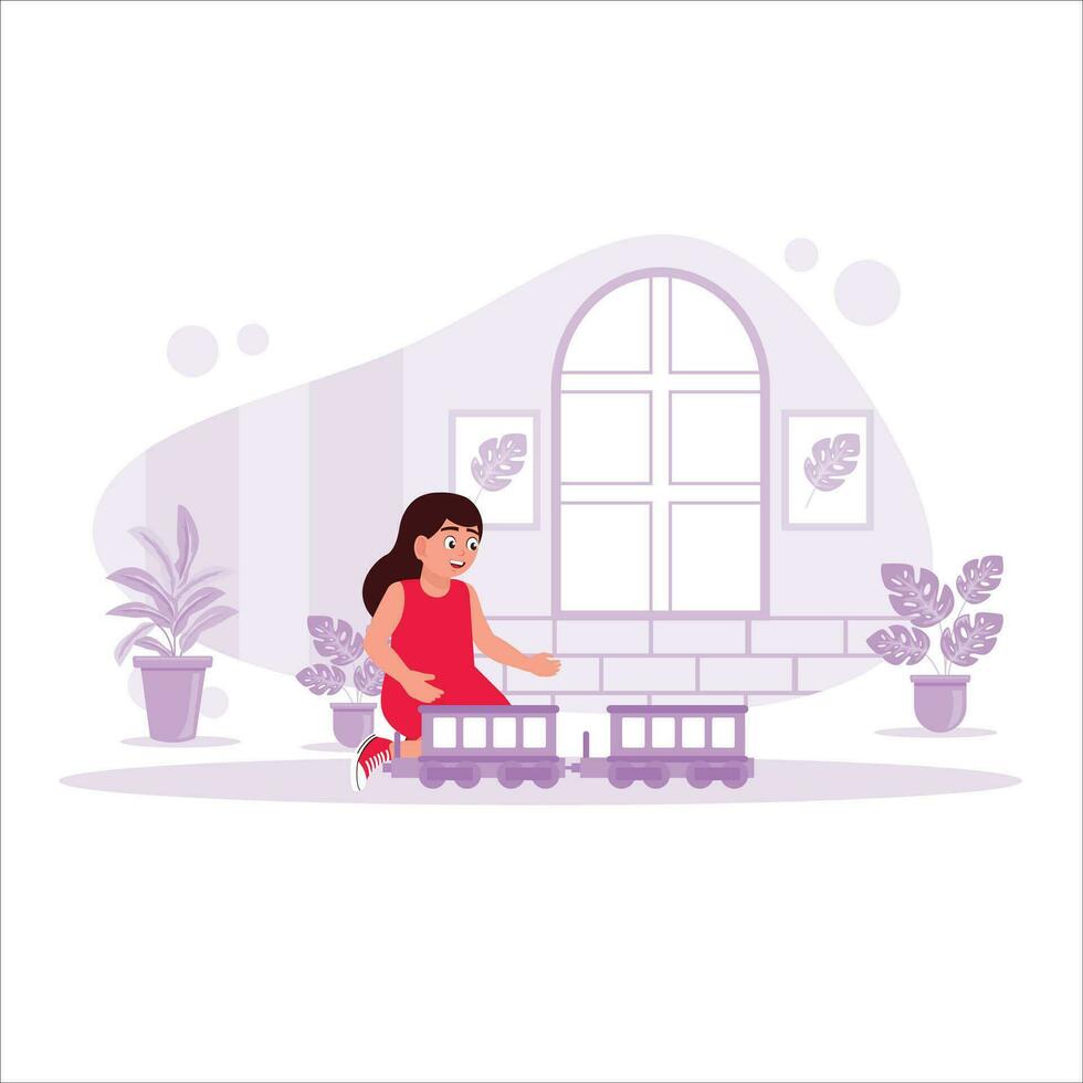 allegro ragazza giocando giocattolo treno nel il Casa. tendenza moderno vettore piatto illustrazione.