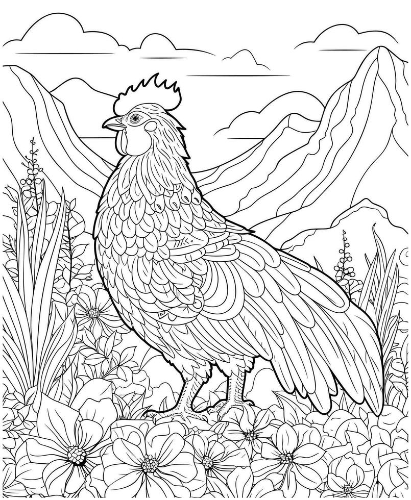 pollo con montagne colorazione pagine vettore