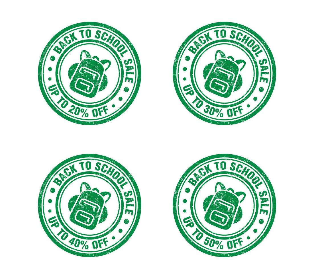 indietro per scuola vendita verde grunge francobollo impostato con scuola Borsa. vendita 20, 30, 40, 50 via sconto vettore