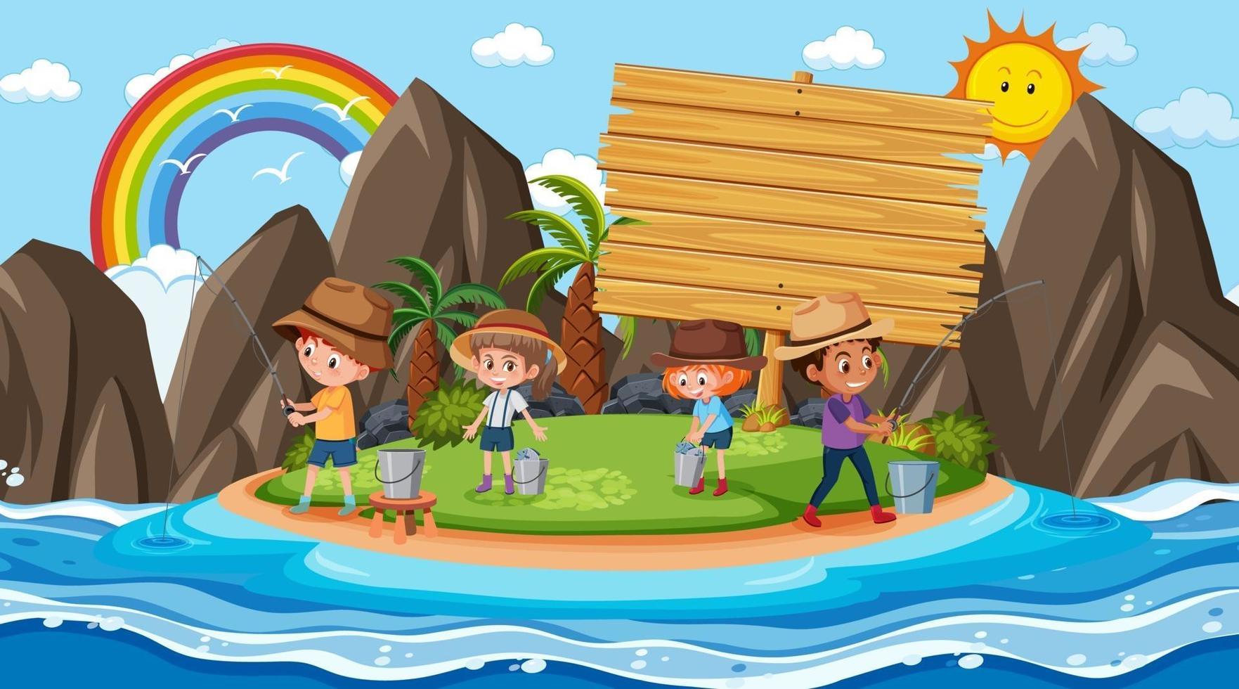modello di banner in legno vuoto con bambini che pescano sulla scena diurna della spiaggia vettore