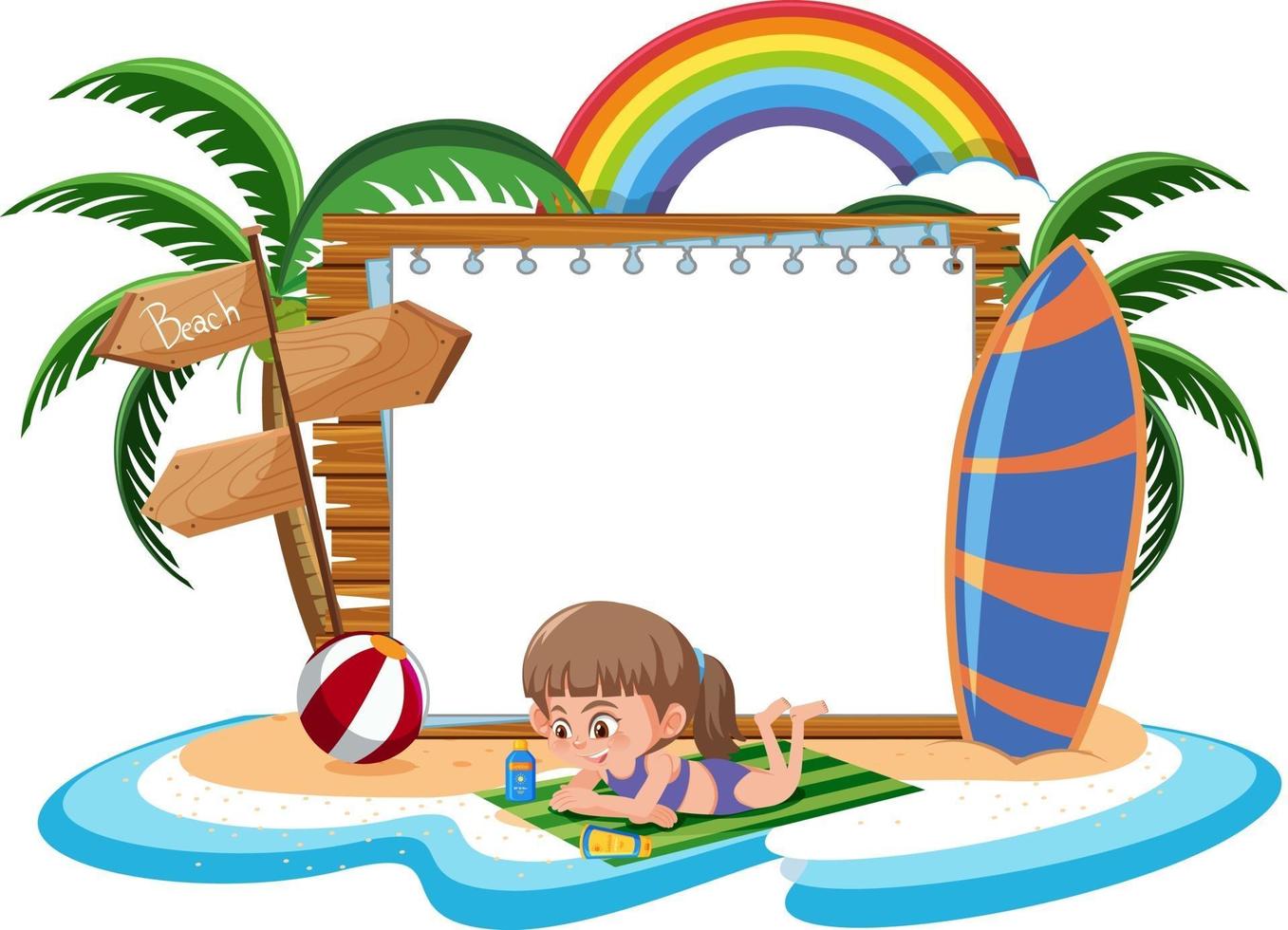 modello di banner vuoto con molti bambini in vacanza estiva in spiaggia isolata vettore