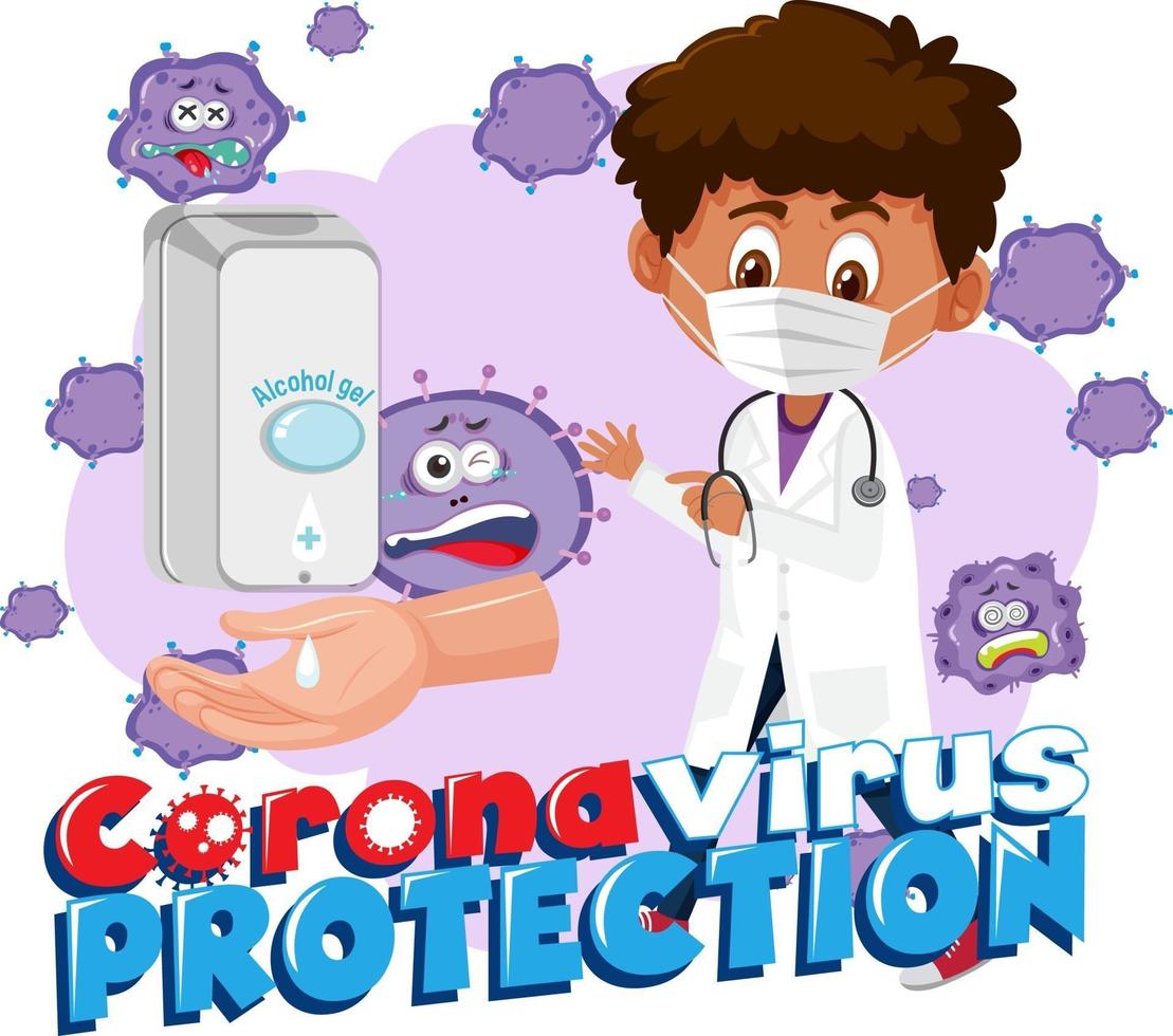 banner di protezione del coronavirus con un personaggio dei cartoni animati di un dottore doctor vettore
