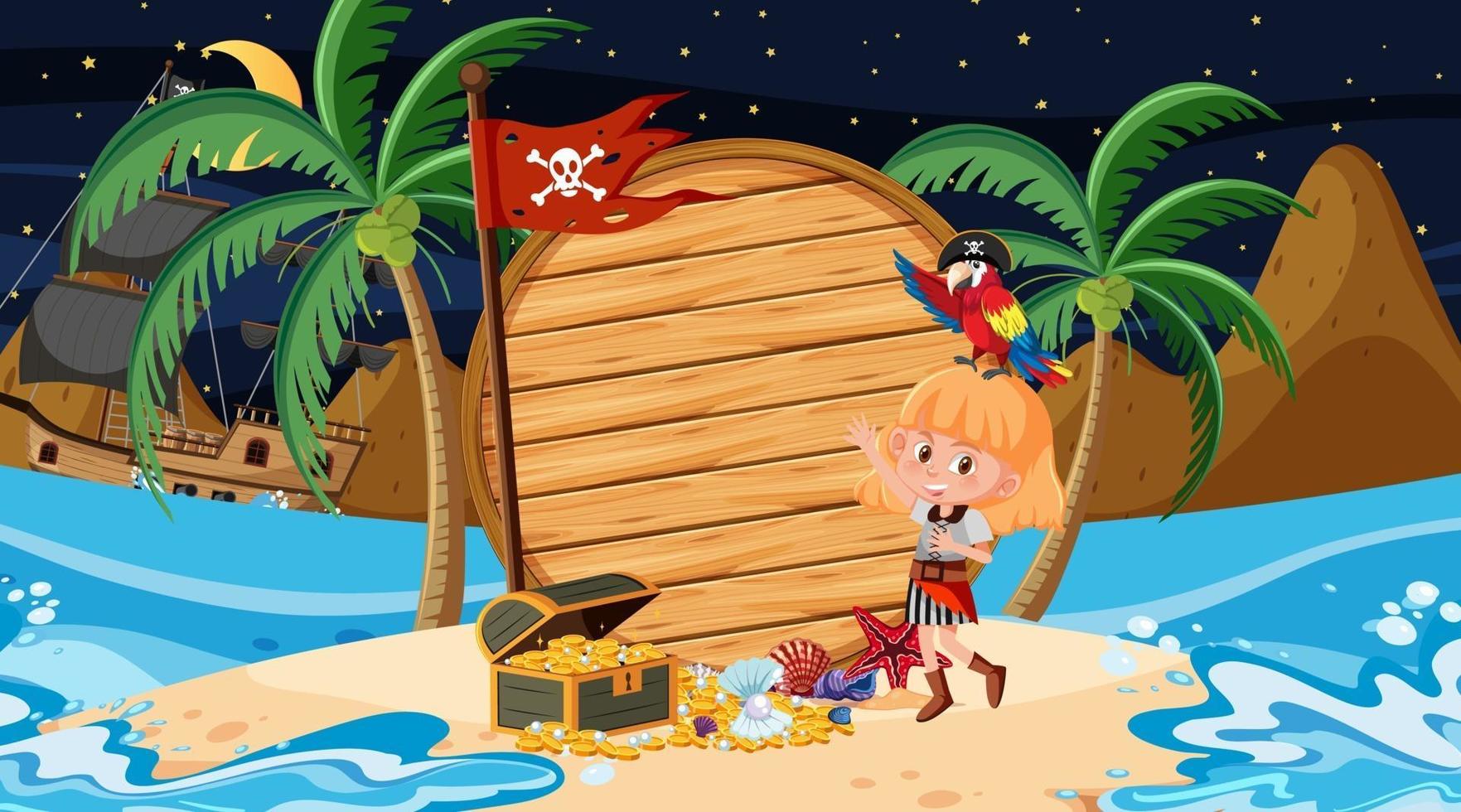 bambini pirata sulla scena notturna della spiaggia con un modello di banner in legno vuoto vettore