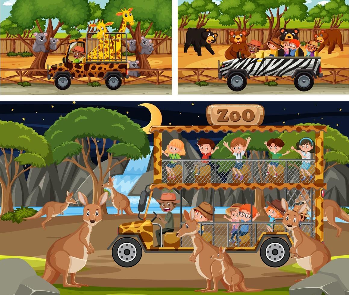 diverse scene di safari con animali e personaggi dei cartoni animati per bambini vettore