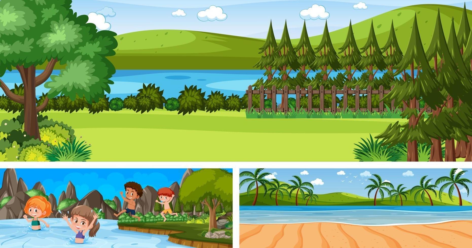 set di diverse scene di paesaggi panoramici all'aperto con personaggio dei cartoni animati vettore