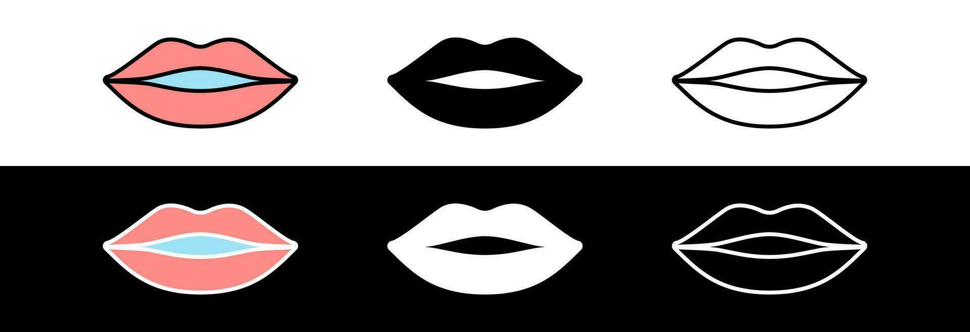 labbra icona su bianca e nero sfondo nel diverso stili. vettore