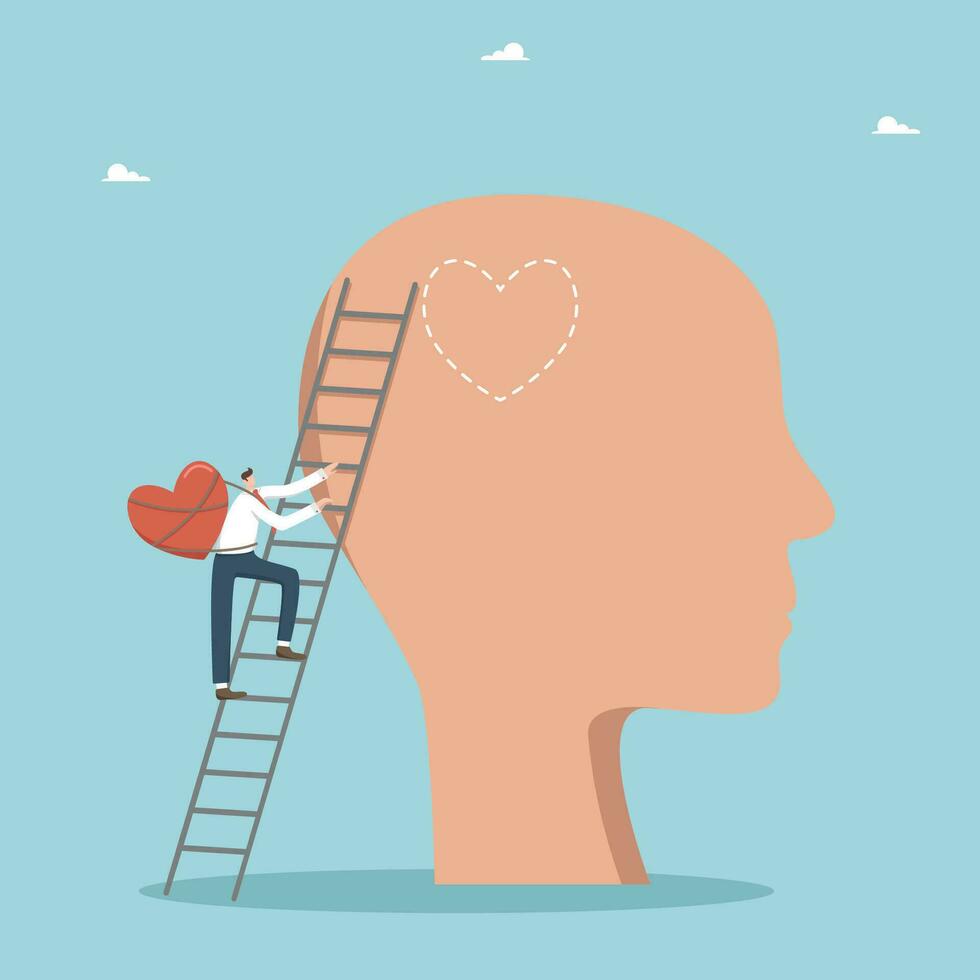 emotivo intelligenza e capacità per capire sentimenti e emozioni, mentale Salute, mantenere un' equilibrio fra mente e emozioni, separato opera e personale vita, uomo con cuore si arrampica scala per testa. vettore