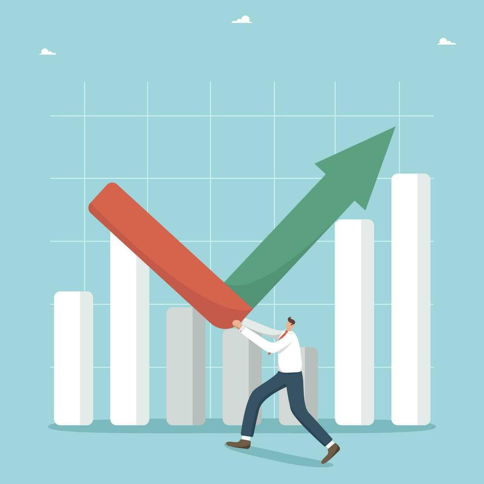 strategie per mantenimento redditività o miglioramento stato di attività commerciale durante un economico crisi, ripresa profitti dopo recessione, metodi per aumentare i saldi, uomo pause freccia in movimento giù grafico. vettore