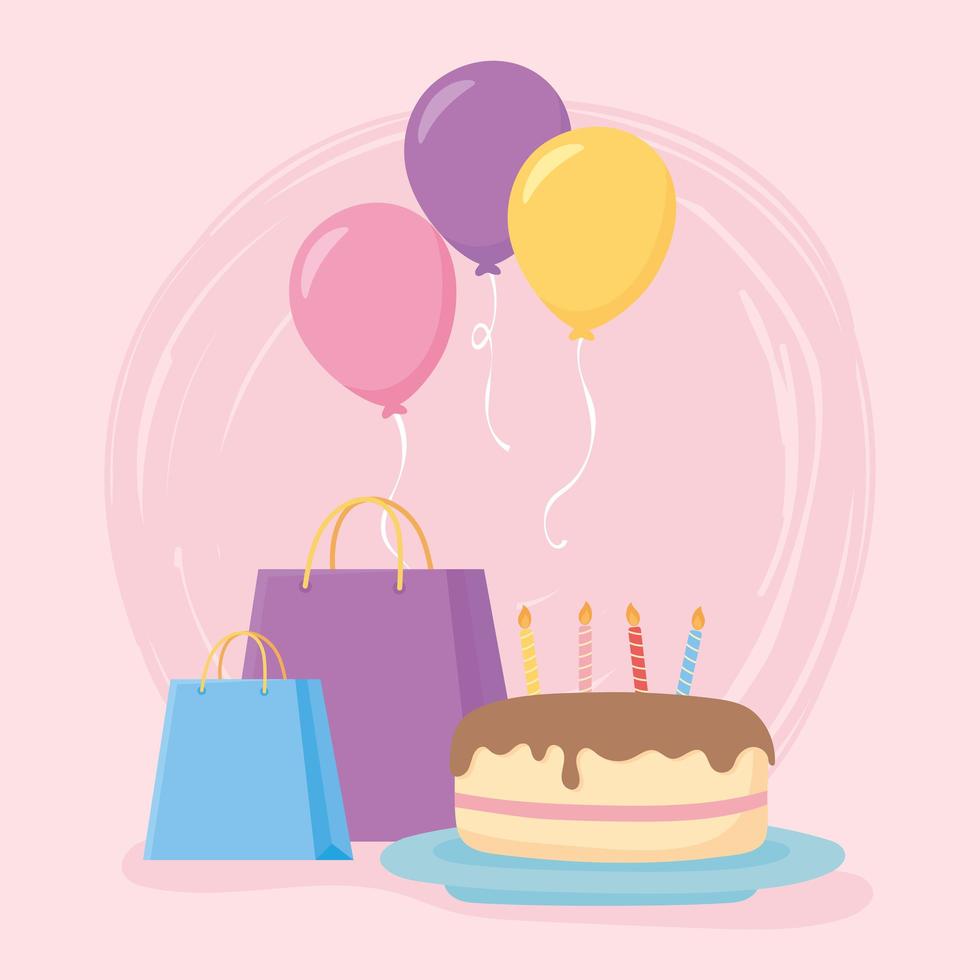 festa di compleanno torta regali e decorazione di palloncini vettore