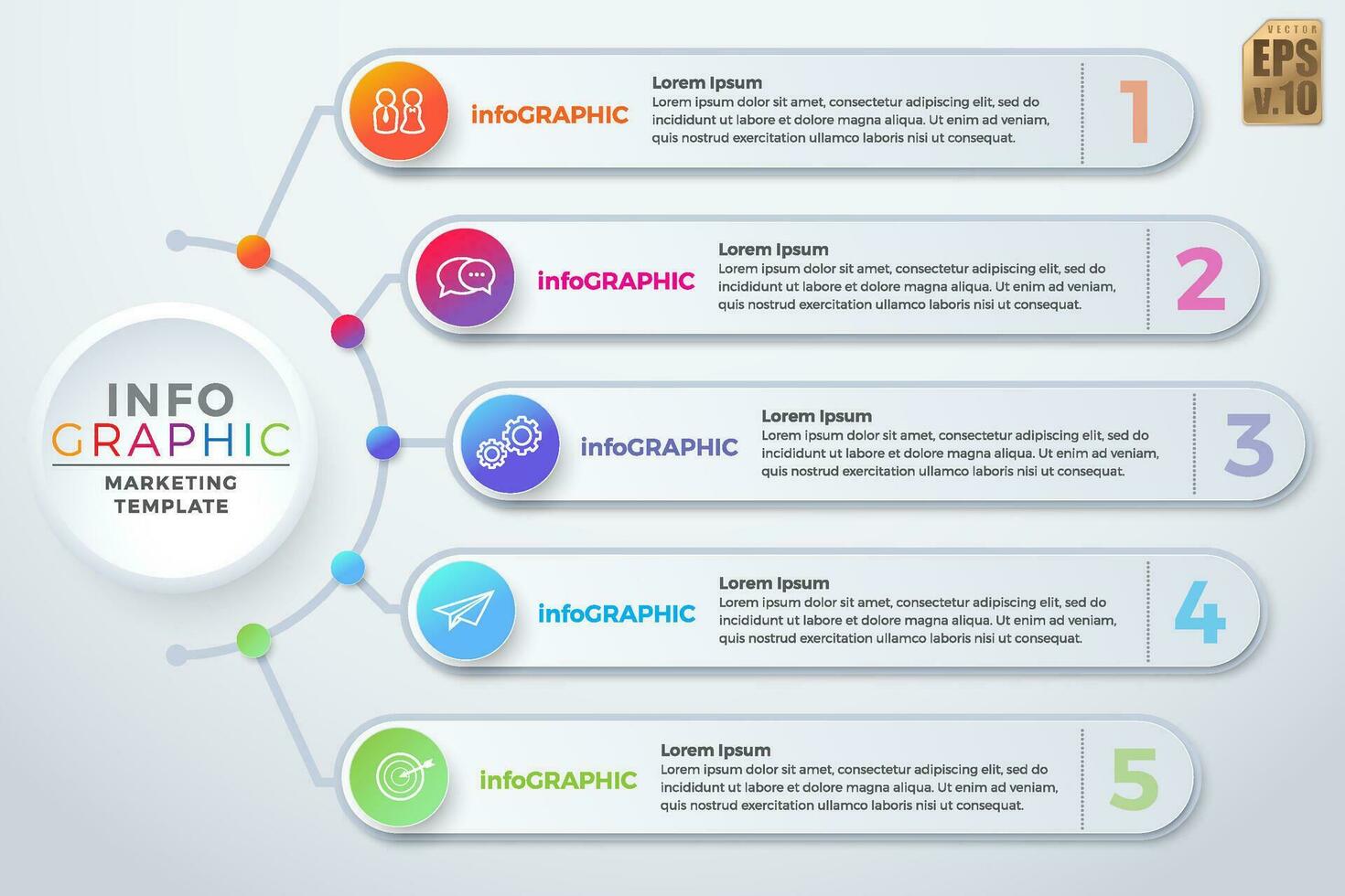 Infografica vettore attività commerciale marketing modello colorato design cerchio icone 5 opzioni isolato nel minimo stile. voi può Usato per marketing processi, flusso di lavoro presentazioni disposizione, flusso grafico, Stampa anno Domini