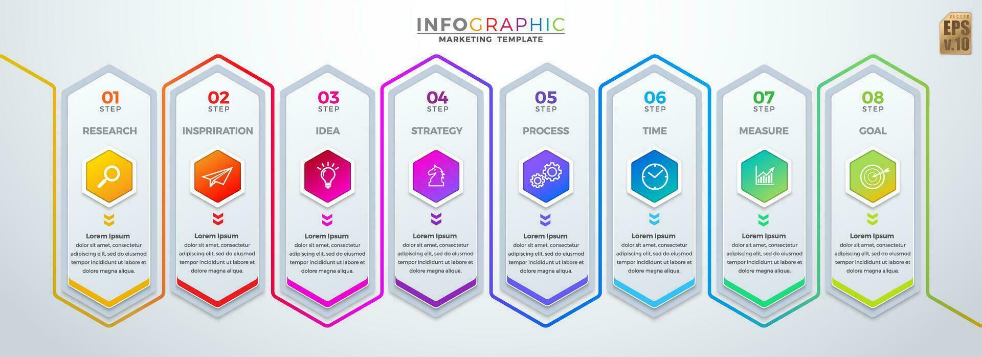 Infografica vettore attività commerciale design esagono icone colorato modello. 8 opzioni o passaggi isolato minimo stile. voi può Usato per marketing processi, flusso di lavoro presentazioni disposizione, flusso grafico, Stampa anno Domini.