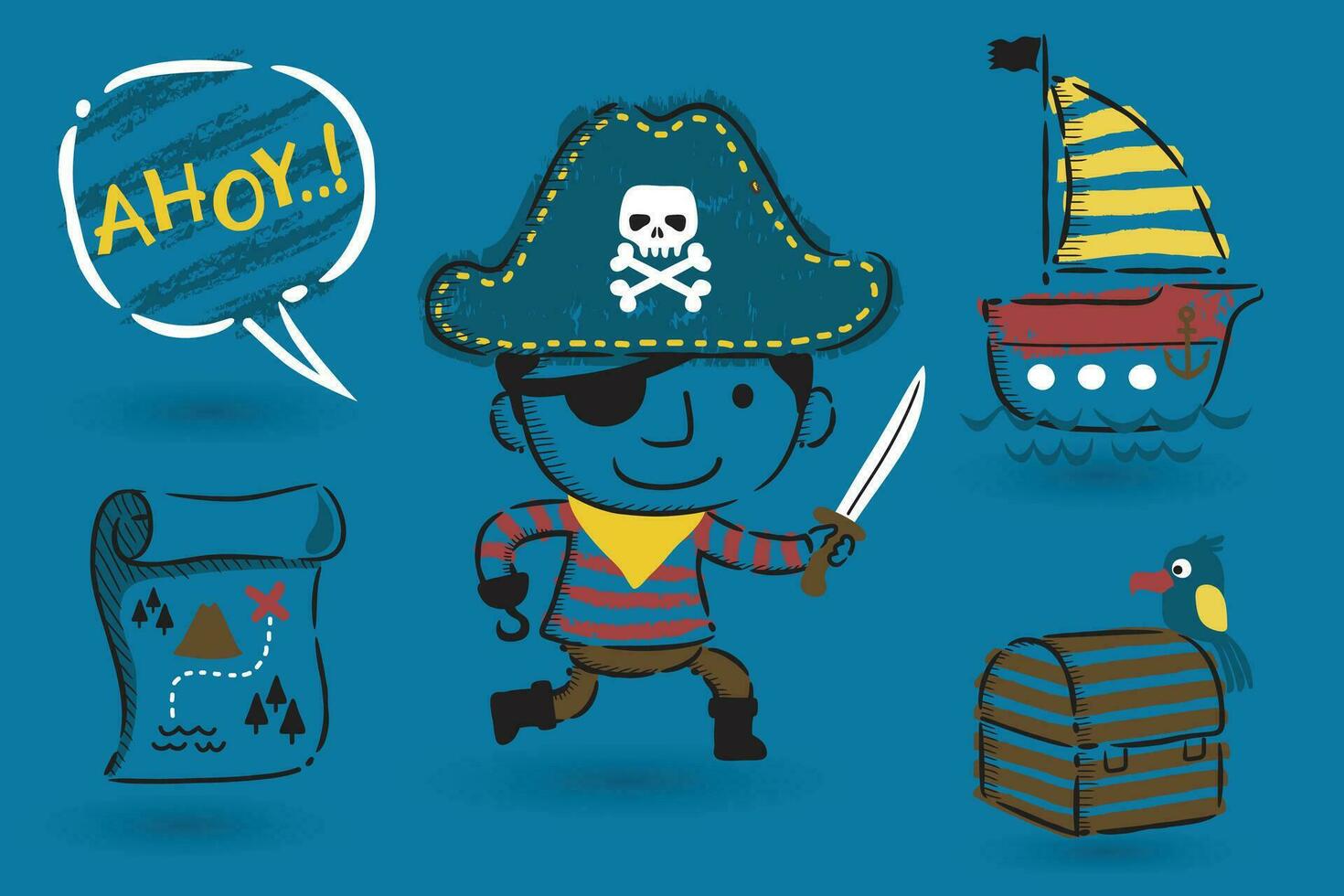 vettore impostato di pirateria elementi cartone animato con divertente pirata e pappagallo