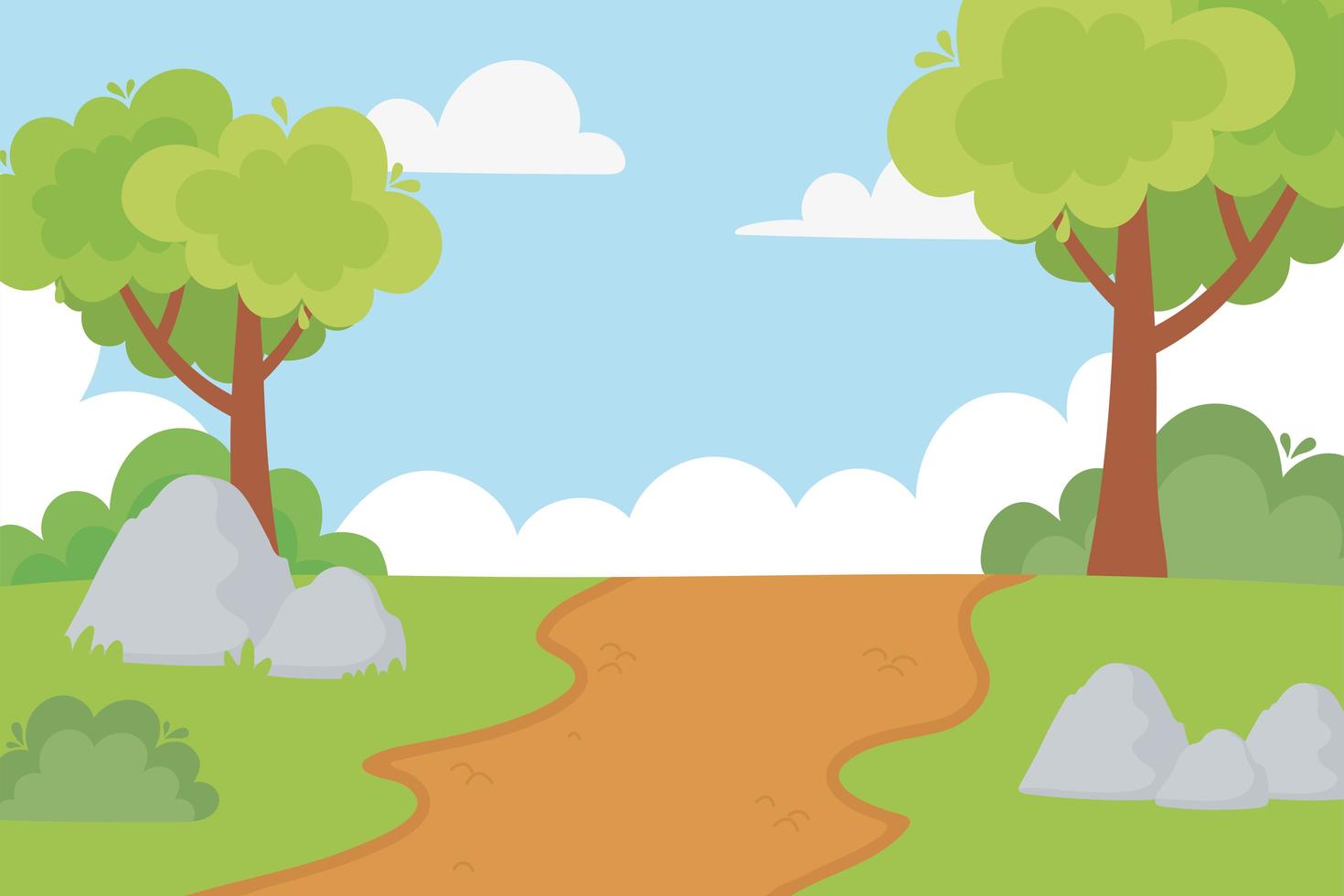paesaggio rurale sentiero alberi cespugli pietre e cielo cartone animato vettore
