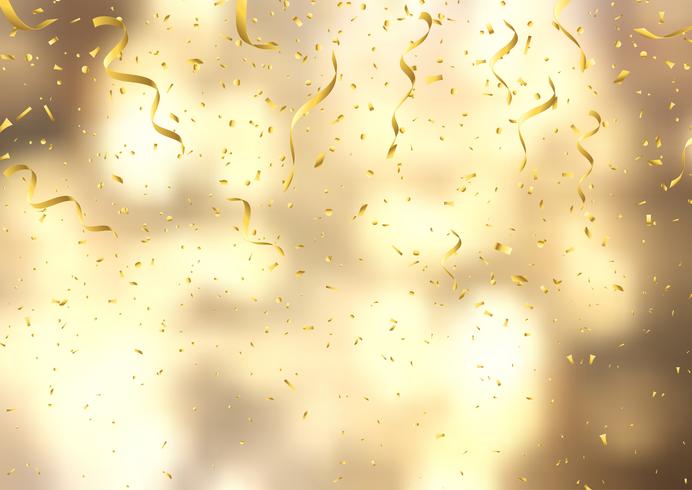 Coriandoli e stelle filanti d'oro su fondo defocussato vettore